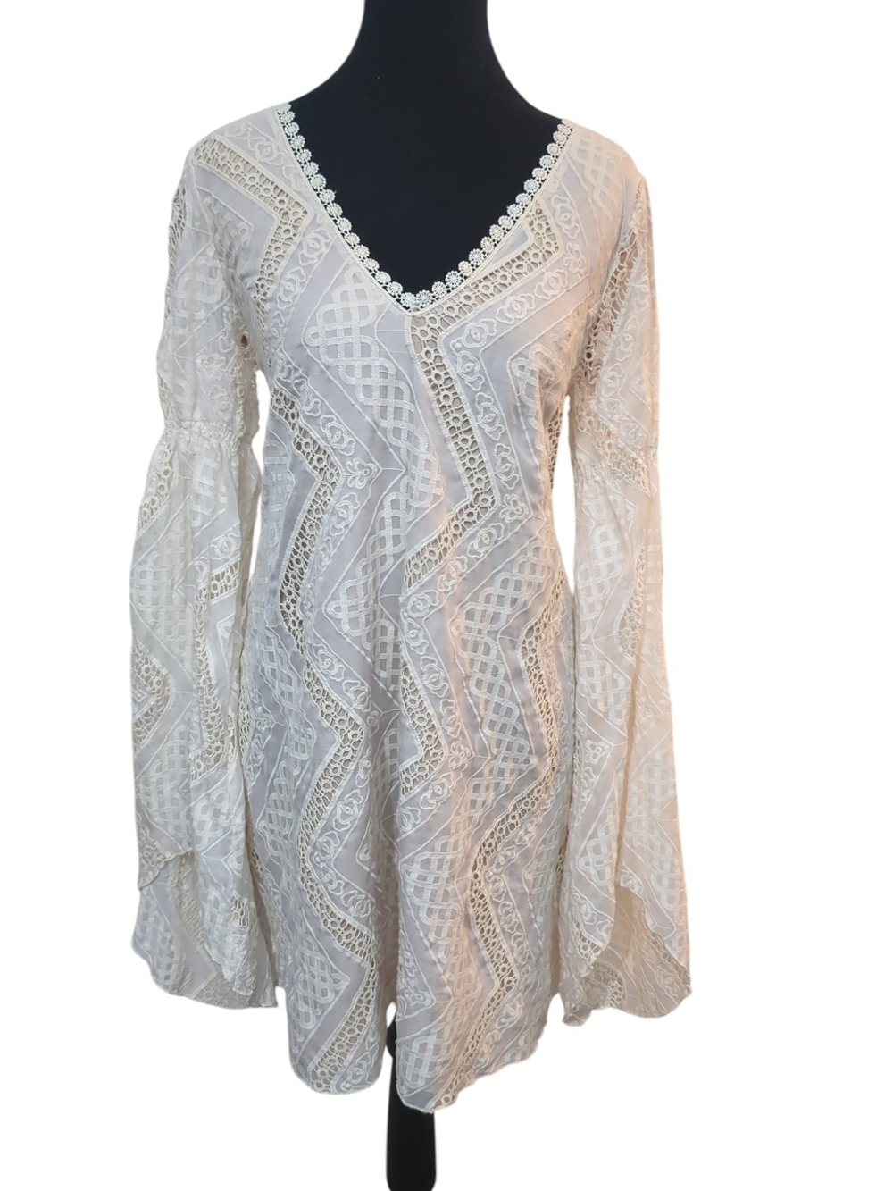 Line + Dot Ivory Lace Open Back Bell Sleeve Dress Medium Coastal Boho Bridal